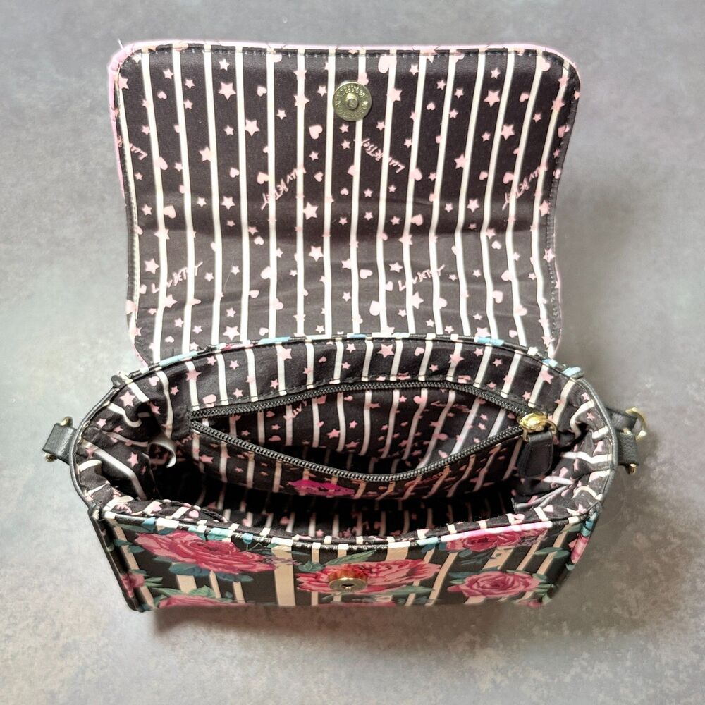 Love Betsey by Betsey Johnson Floral Stripe Crossbody Satchel Pink Chevon Handle - Picture 9 of 12